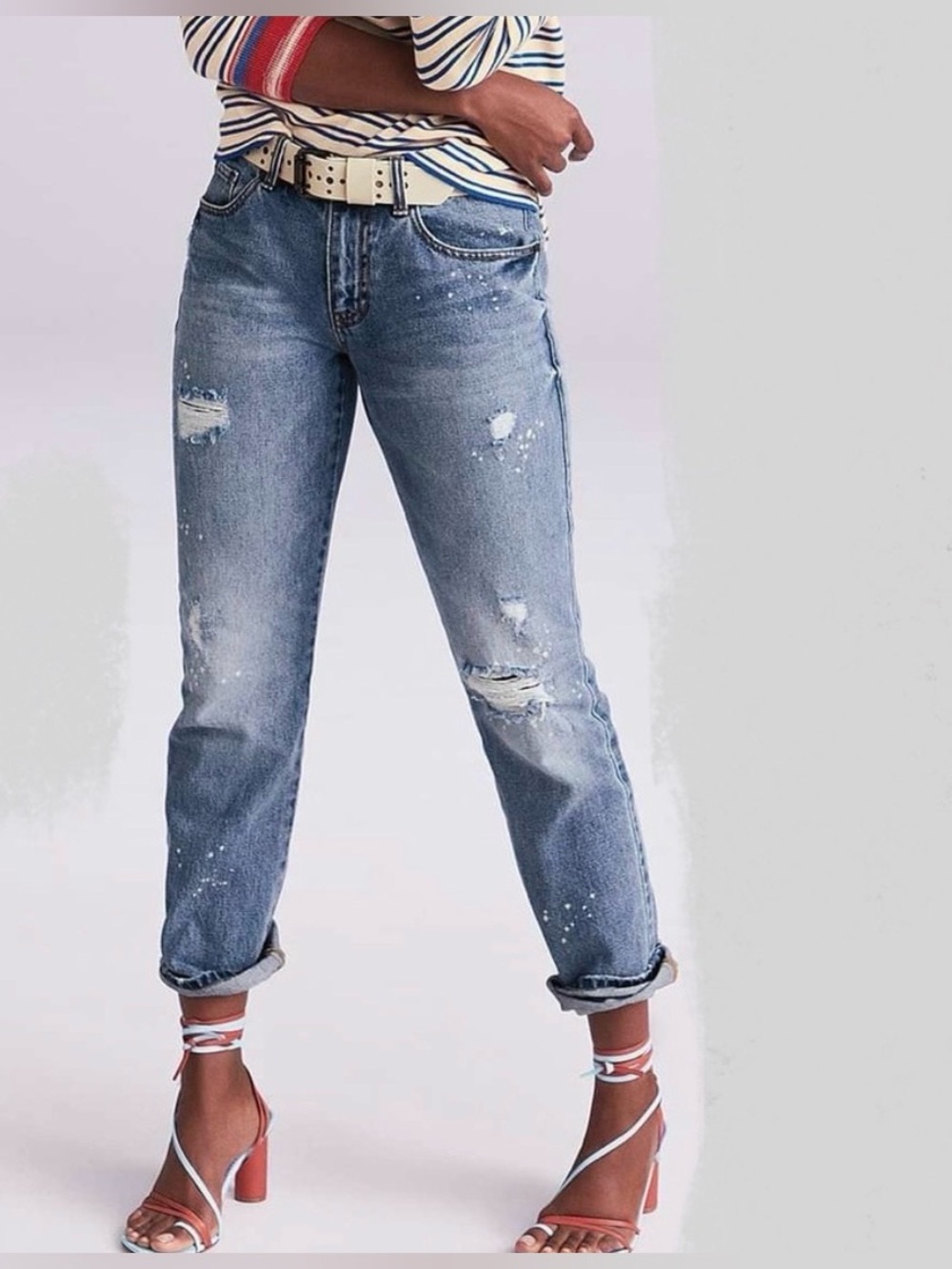 Cabi 100% cotton boyfriend jeans distressed med wash paint spots relaxed fit 2